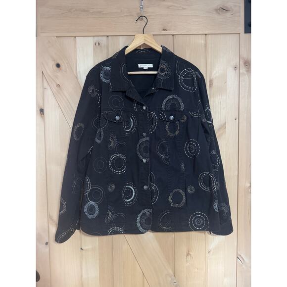 JM Collection | Black Cotton Embroidered Jacket Gold & Silver Design | Size 16W - Picture 1 of 14